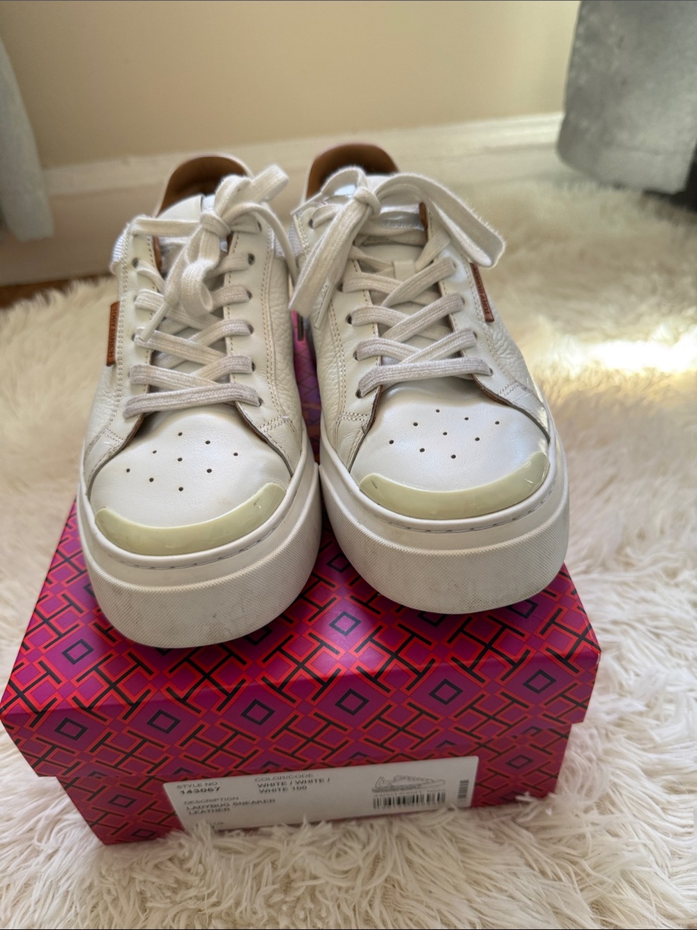 Tory Burch White Leather Platform Sneakers with Cream Toe